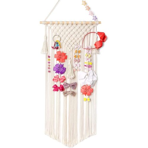 Mkono Macrame Hair Bow Holder Hanging Hair Clips Hanger Headband Storage Organizer Fringe Boho Wall Decor Tassels Bow Organizer for Baby Girls Room Ornament Gift,Ivory(Clips Not Included)