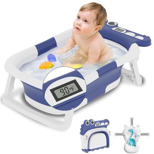 Collapsible Baby Bathtub, Baby Bath Tub with Soft Cushion & Thermometer, Alligator Baby Bathtub with Detachable Feet, Durable Infant Bathtub Applicable 0-36 Month, Blue