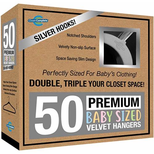 Closet Complete Baby Velvet Hangers, Premium Quality, True-Heavyweight, Virtually-UNBREAKABLE, Ultra-Thin, Space Saving No-Slip, Perfect Size for Babies 0-48 months 360° SPIN, Chrome Hooks, Gray 50pc - CHROME