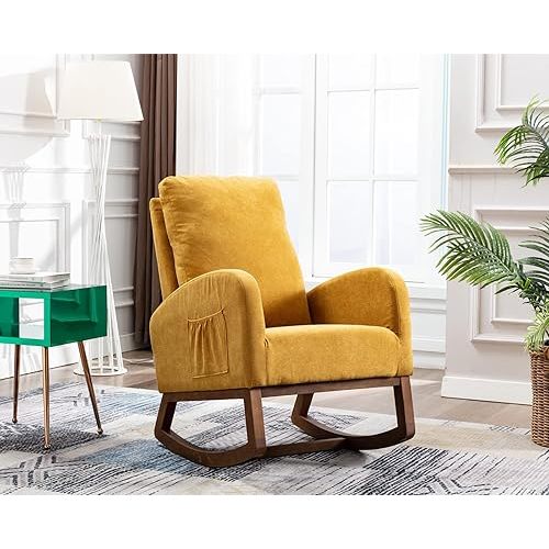 Modern Accent Rocking Chair, Upholstered Glider Rocker for Adult, Comfy Armchair with Side Pocket, Living Room Lounge Arm Chair with High Backrest (Mustard Yellow)