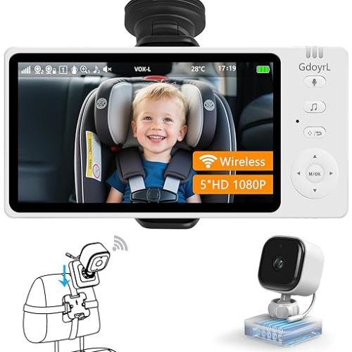 Wireless Baby Car Camera 5”HD 1080P IPS Anti-Glare Screen USB Powered,Temperature Alert, Clear Night Vision & VOX Mode,360° Rotatable Rear Seat Monitor for Baby,Car Backseat,Home,Pets