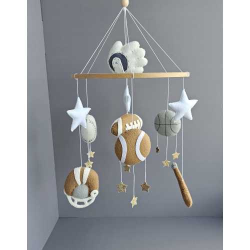 Felt Sports Baby Mobile: Baseball, Football & Tennis Nursery Decor