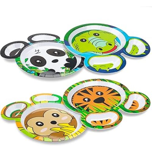 Bentology Zoo Friends Mealtime Melamine Feeding Plates - Set of 4 Different Cute Animal Pal Dishes for Kids - Panda, Alligator, Tiger & Monkey - Divided Compartments, BPA Free - Gift for Toddlers