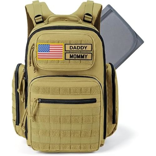 Baby Diaper Bag with Changing Pad - Large Military Daddy Gear Backpack for Hiking Travel Camping -Army Style for Men Active Dad Tan
