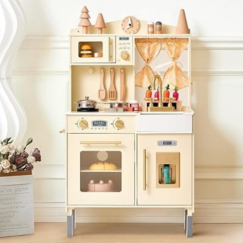 Giant bean Wooden Play Kitchen, Toddler Kitchen Playset, with Microwave Play Sink Ice Maker Oven Cookware Accessories Playset, Pretend Play Food Toys for 3+ Year Old Boys Girls