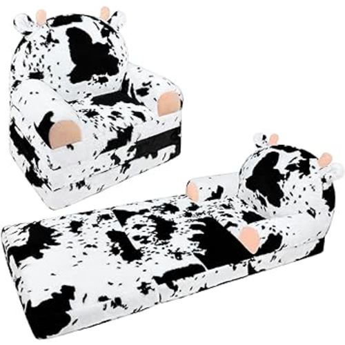 Toddler Chair Plush with Removable Cover, Kids Sofa Bed to Lounger, Comfy Kids Couch for Kids over 18 Months, Toddler Recliners for Kids(Milk Cow)