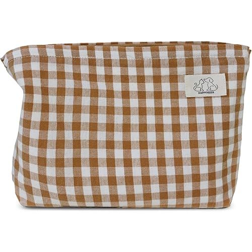 HAPPYHEIDI Khaki Gingham Cotton Makeup Bag Cosmetic Travel Pouch with Bottom, Make Up Purse Organizer, Zipper Closure, Canvas Lined…