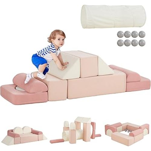 Beright Toddler Climbing Toys Indoor, Foam Climbing Blocks with Crawl Through Tunnel and Balls, Play Nugget Couch for Toddlers, Kids Foam Convertible Play Building Fort, Pink