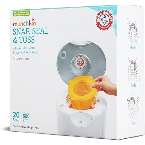 Munchkin® Arm & Hammer Diaper Pail Snap, Seal & Toss™ Refill Bags, Holds up to 600 Newborn Diapers, 20 Pack