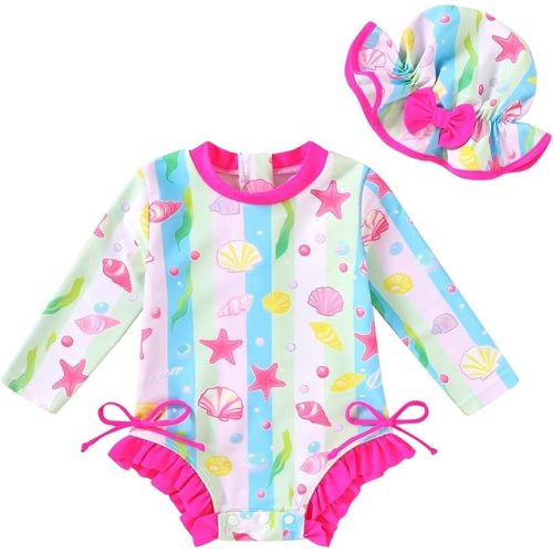 Infant Baby Swimsuit Girl Long Sleeve UPF 50+ Sun Protection One-Piece Rash Guard with Hat Zipper Bathing Suit
