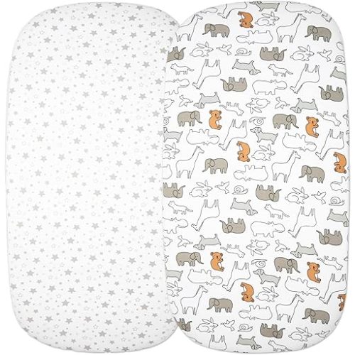Cloud Baby Bassinet Sheet 32"x16" (2 Pack) - 100% Organic Jersey Cotton, Breathable and Soft for Baby Boy Girl Newborn Infant Unisex (Zoo Animals and Stars)
