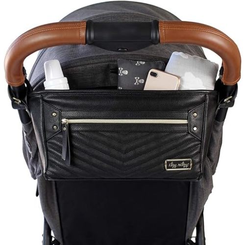 Itzy Ritzy Adjustable Stroller Organizer With Built-In Pockets, Zippered Pocket & Straps To Fit Any Stroller, Black with Gold Hardware