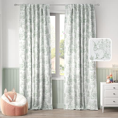 jinchan Linen Floral Curtains for Bedroom 84 Inch Long Cottage Farmhouse Sage Green Curtains French Country Toile Curtains Animal Printed Drapes Light Filtering Nursery Window Curtain Set, 2 Panels