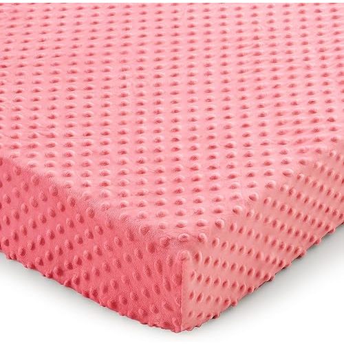 Entisn Baby Crib Sheets, 28 x 52 Inch Minky Dot Fitted Crib Mattress Sheet for Girls, Soft and Warm Fleece Nursery Bedding for Standard Toddler Bed Mattresses (Pink)