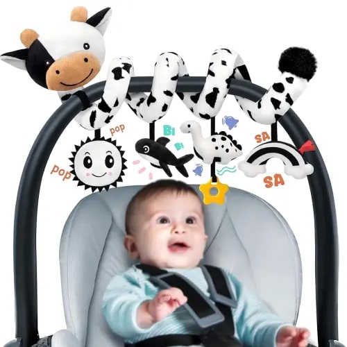 Spiral Car Seat Baby Toys 0-6 6-12 Months, Infant Carseat Sensory Toys Hanging Stroller Accessories, Newborn Gifts for Baby Boys Girls Essentials, Cute High Contrast Cow