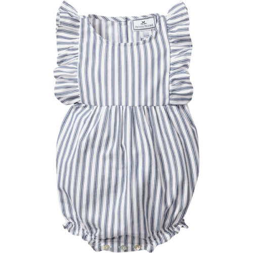 Ruffled Romper, Navy French Ticking - Petite Plume | Maisonette
