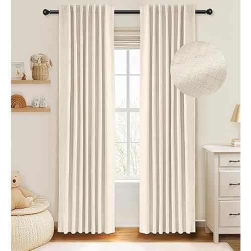 zeerobee 100% Black Out Curtains 2 Panels Set, Linen Blackout Curtains for Bedroom Living Room Nursery, Thermal Insulated Back Tab/Rod Pocket Curtains-W50 x L92, Cream
