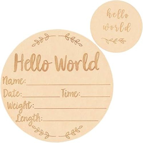 Wooden Baby Announcement Sign, 5.9Inches Hello World Newborn Sign, Double Sided Birth Announcement Sign, Lovely Baby Name Plaques for Photo Prop Baby Shower Hospital Nursery Gift.