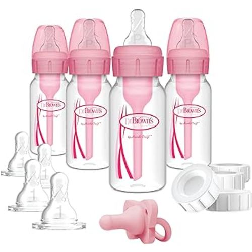 Dr. Brown's Anti-Colic Baby Feeding Set with Slow Flow Nipples, Travel Caps, Silicone Pacifier - Pink