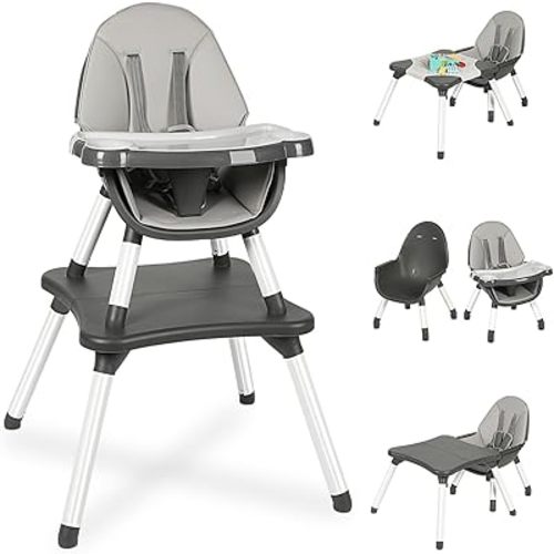 XueMi 6 in 1 Baby High Chair, Convertible Highchair for Babies and Toddlers, Building Block Table Highchair with 5-point Safety Harness/Removable Tray, Infant Feeding Table and Chair Set (C-Grey)