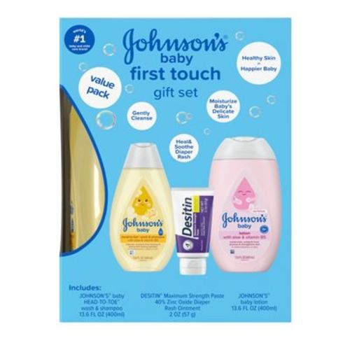 Johnson's First Touch Baby Gift Set Includes Baby Bath Wash & Shampoo, Body Lotion, & Diaper Rash Cream - 3ct