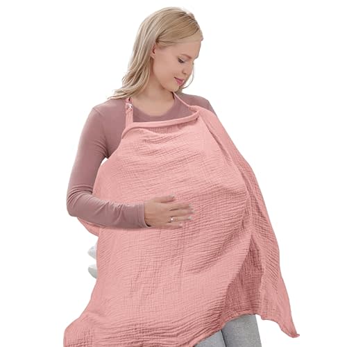 infancie Organic Cotton Nursing Cover - 43 x 28 Inch Breathable Muslin Breastfeeding Cover, Multi-Purpose for Women (Pink)