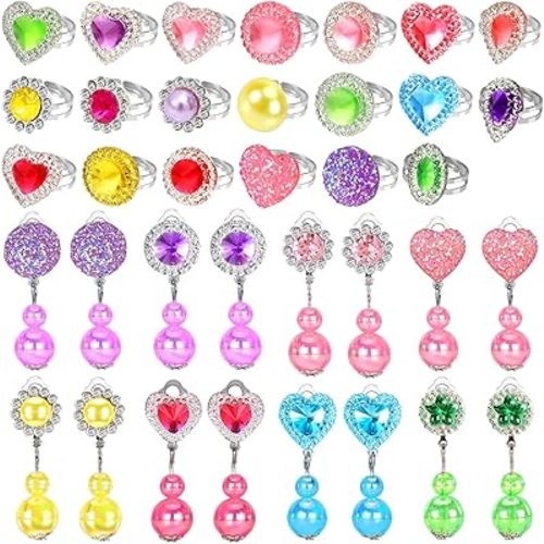 Kids Jewelry Set for Girls, Princess Toys Little Girls Dress Up Jewelry,Pretend Play Jewel Adjustable Kids Rings Toddler Clip On Earrings,3 4 5 6 7 8 Year Old Girl Gifts for Easter Birthday Christmas