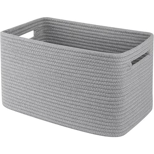 OIAHOMY Cotton Rope Woven Storage Baskets for Shelves, Rectangle Storage Bins with Handles, Towel Basket - Grey