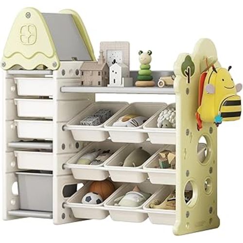 Merax Toy Storage Organizer with 14 Storage Bins, Kids Toy Organizers and Storage with Roof for Boys Girls Bedroom Playroom Living Room (Organizer w/Tree Roof, Green)