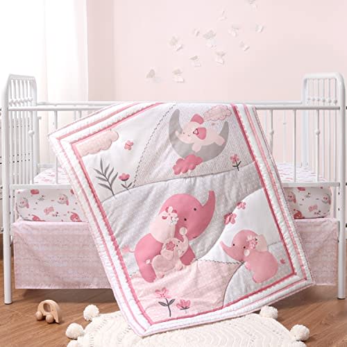 The Peanutshell 3 Piece Baby Crib Bedding Set for Girls - Newborn, Infant & Toddler Nursery Bed Set Decor with Fitted Crib Sheet, Dust Ruffle Comforter - Pink Elephant