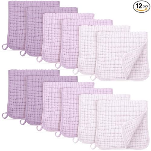 Muslin Burp Cloths for Baby 100% Cotton Burping Cloths for Boys Girls Large 20''X10'' Extra Soft and Absorbent 12 Pack - Gradient Purple