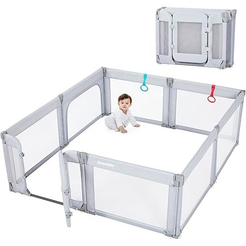 Baby Playpen with Door, Foldable Adjustable Play Pen for Babies and Toddlers,Heavy-Duty Play Yard Fence Play Area, Large Toddler Playpen, Light Grey