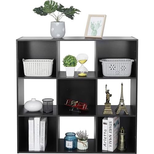 ZenStyle 9 Cube Storage Shelf Organizer, Wooden Bookshelf System Display Cube Shelves Compartments, Customizable W/ 5 Removable Back Panels (Black)