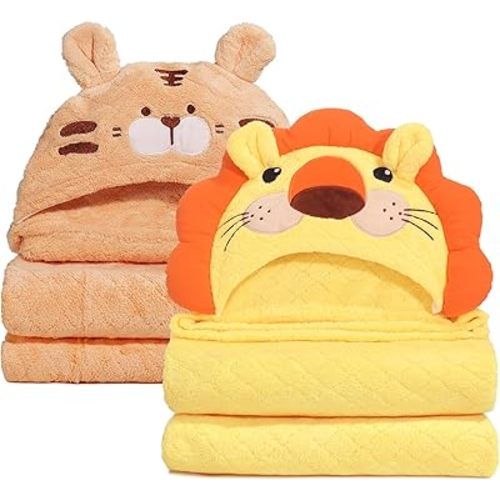 Kids Bath Towels with Hood, Soft and Thick Hooded Towels for Toddlers 3-5, 2 PCS Cute Animal Face Premium Coral Fleece with Large Size 50 in*32 in, Orange Tiger & Yellow Lion Set