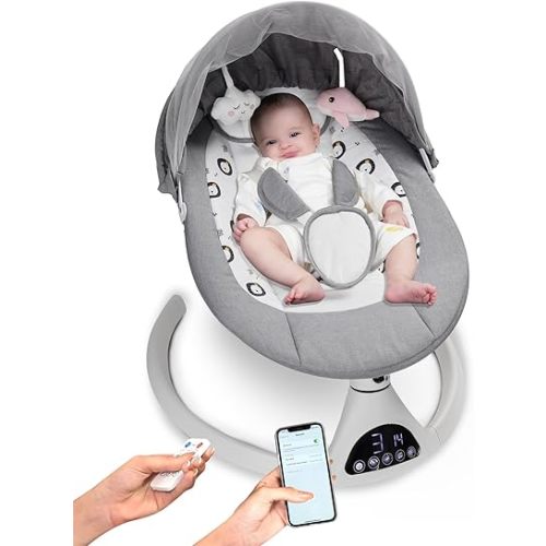 Electric Baby Swing for Infants to Toddler Portable Babies Swing Timing Function 5 Swing Speeds Bluetooth Touch Screen Music Speaker with 10 Preset Lullabies 5-Point Carabiner Gray