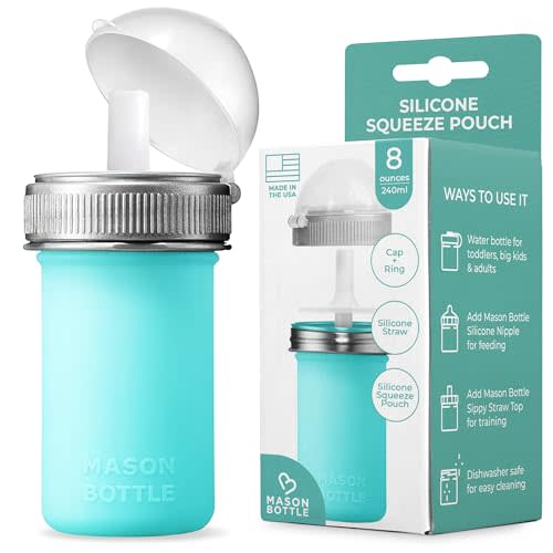Mason Bottle 8oz Silicone Squeeze Pouch with Straw – Reusable Baby Food and Snack Pouch for Toddlers – Soft Food and Liquid Bottle - BPA & BPS-Free, Non-Toxic, Made in USA (Teal)