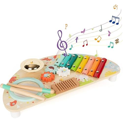 Baby Toys Musical Instruments, Rundad All-in-one Wooden Montessori Musical Set for 1&2Y (Includes Xylophone Drum Cymbal Guiro Gears), Gifts for 1+ Year Old Girl Preschool