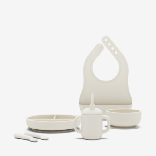 Lalo First Bites Silicone Baby Feeding Set - Baby Led Weaning Supplies - Non-Toxic Silicone - Includes 1 Bib, 2 Spoons, Training Cup, Suction Plate and Bowl - 6 Pieces - Oatmeal