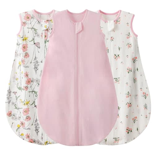 Duomiaomiao 3 Pack Baby Sleep Sack 100% Organic Cotton Lightweight Breathable Comfy Toddler Sleeping Sack (0.5tog Flowers, Medium)