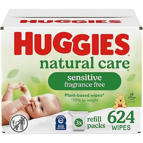 Huggies Natural Care Sensitive Baby Wipes, Hypoallergenic, 99% Purified Water, 3 Refill Packs (624 Wipes Total)