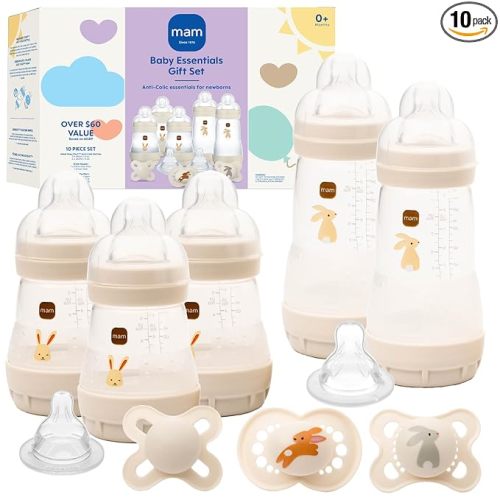 MAM Easy Start Anti-Colic Baby Bottle & Pacifier Set, 5 Self Sterilizing Bottles (3X 5oz, 2X 9oz) & 3 Original Pacifiers 0–16 Months + Extra Nipples, Newborn Feeding Gift Set