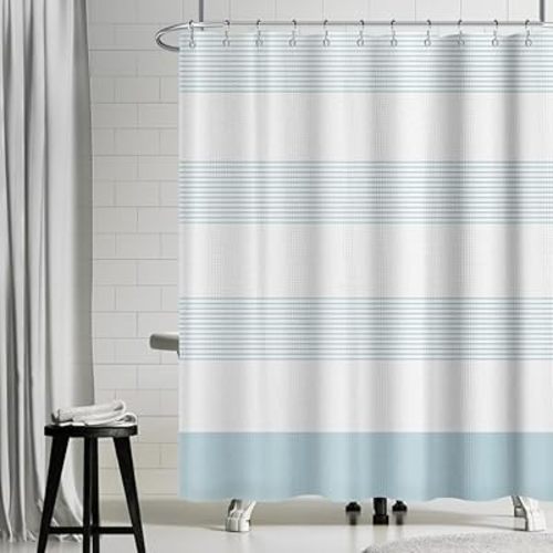 Blue and White Striped Waffle Shower Curtain Ombre Nautical Splicing Stall Bath Curtain Rustic Farmhouse Neutral Bathtub Curtain for Kids Bathroom Waterproof Decor with Hooks,54x78 Inch