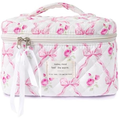 Makeup Bag Large Travel Quilted Cosmetic Makeup Bag Organizer, Floral Cotton Coquette Aesthetic Toiletry Bag for Women Girls (Pink Bow Flowers-L)