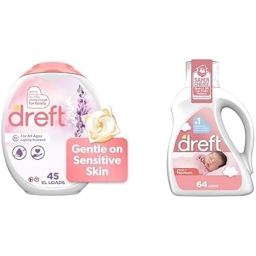 Bundle of Dreft Laundry Detergent XL Pacs, Lavender, 45 Count + Dreft Stage 1: Newborn Hypoallergenic Liquid Baby Laundry Detergent (HE), Natural for Baby, Newborn, or Infant, 92 Oz (64 loads)