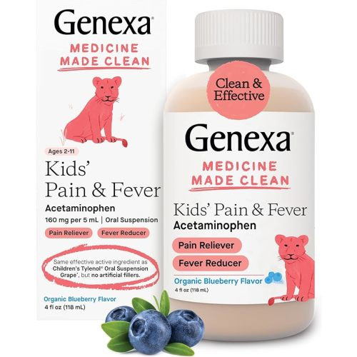 Genexa Children's Acetaminophen Pain and Fever Reducer | 160 mg per 5mL | Made with Delicious Organic Blueberry Flavor | 4 Fluid Ounces - 4 Fl Oz (Pack of 1) Blueberry
