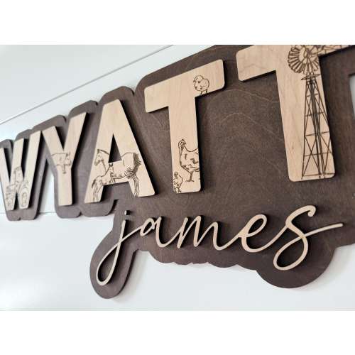 Baby Name Sign for Farm Nursery, Cowboy Theme Wood Name Cutout, Farm Animal Letters, Cow Horse Pig Chicken
