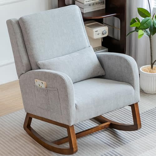 COCO DESIGN Rocking Chair Nursery Indoor with Thick Cushion, Modern Design for Living Room, Bedroom, Durable Wooden Frame with Soft Fabric, Comfortable for Reading,Grey