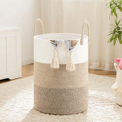 Laundry Basket, Woven Cotton Rope Laundry Hamper, Decor Storage of Dirty Clothes, Toys and Blankets in Bathroom, Baby Room and Living Room