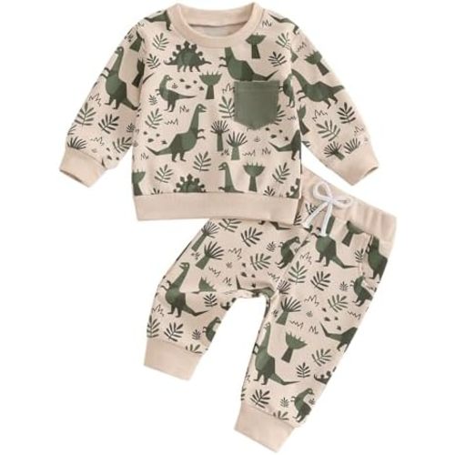 MA&BABY Toddler Boys Clothes Dinosaur Print 6 12 18 24 Months 3T 4T Outfits Long Sleeve Pullover Jogger Pant 2PC Sets
