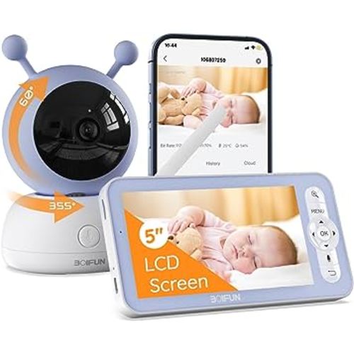 BOIFUN 5" Baby Monitor, 1080p WiFi Baby Monitor Via Screen and App Control, Video Record & Playback, Temper & Humidity Sensor, Night Vision, 2-Way Audio, Motion&Sound Detection, with Wall Mount Base
